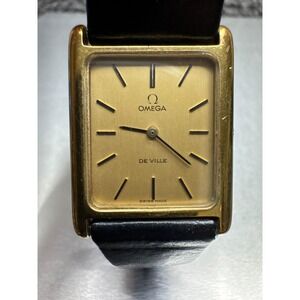 Vintage Omega De Ville Womens Cal.625 Gold Tank Hand Buckle Leather Strap Watch